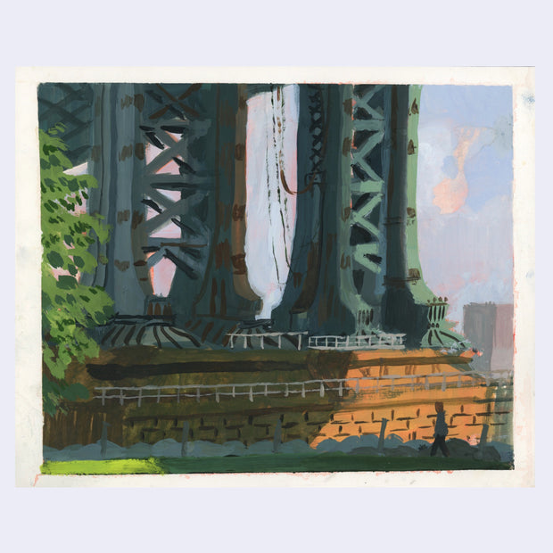 Plein air painting under a large industrial bridge, with a person walking in the shade. 