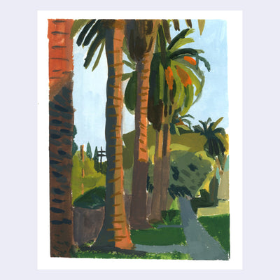 Plein air painting of a row of tall palm trees and sunset, lining a sidewalk.