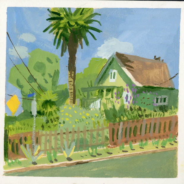 Plein air painting of a green house with a lush lawn and wooden fencing around it. They have a large palm tree near their house.