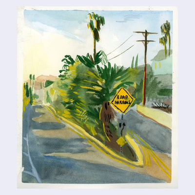 Plein air painting of a road, separated by a center divider that holds a palm tree, plants and a street sign that reads "road narrows"