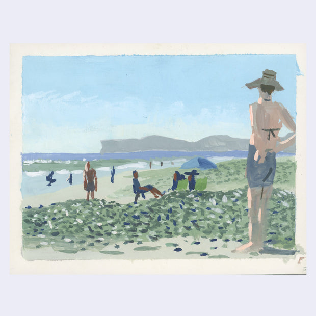 Plein air painting of a beach scene, with a person standing in the foreground with lots of seaweed on the ground.