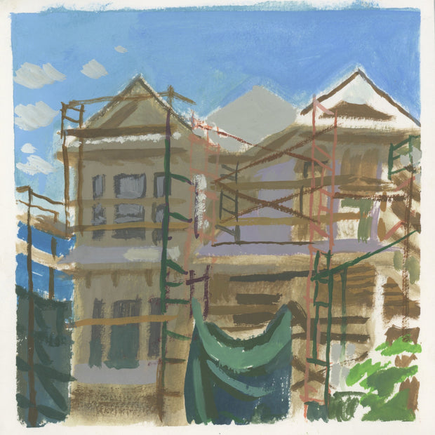 Plein air painting of a large San Francisco style house under construction with scaffolding around the building.