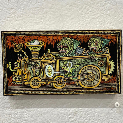 Illustration on wood with a yellow and black patterned border. 2 matching green monsters in pointy hats ride in a railroad cart that has a floating eyeball mechanism and a series of faces as the front of the car.