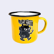 Bright yellow enamel mug with a graphic of a black robot with a white outline, toting a rippled flag that reads "Giant Robot." Rim of the mug is lined black with a white interior.