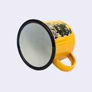 Bright yellow enamel mug with a graphic of a black robot with a white outline, toting a rippled flag that reads "Giant Robot." Rim of the mug is lined black with a white interior.