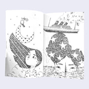 Open spread of black and white pencil drawing zine, featuring an illustration of a girl with long galaxy patterned hair, looking up at a polka dot crescent moon with a bird atop it. The next page has an illustration of a boy with large pompadour style star patterned hair, half submerged in water with a large steam boat atop his head.
