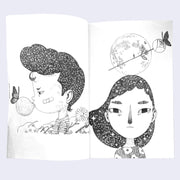 Open spread of black and white zine, featuring a profile view illustration of a boy with fluffy galaxy patterned hair, blowing a bubble with a butterfly landed on it. The next page featuring a similar style illustration of a girl with longer galaxy patterned hair looking solemnly, with a full moon and a stemmed rose atop her head. 