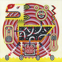 Painting on cream colored background of a horse like creature made out of various scalloped outlines and dotted patterning. Its limbs are all colored in a gradient and behind it is a pink and red series of concentric circles.