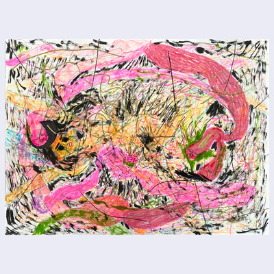 Illustration with many pink, black and yellow scribbles and random shapes. In the center is a nude, abstracted woman laying flat.