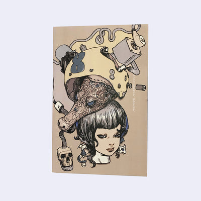 Zine cover of an illustrated girl with a dragon head wearing a robotic helmet on top of her head. 
